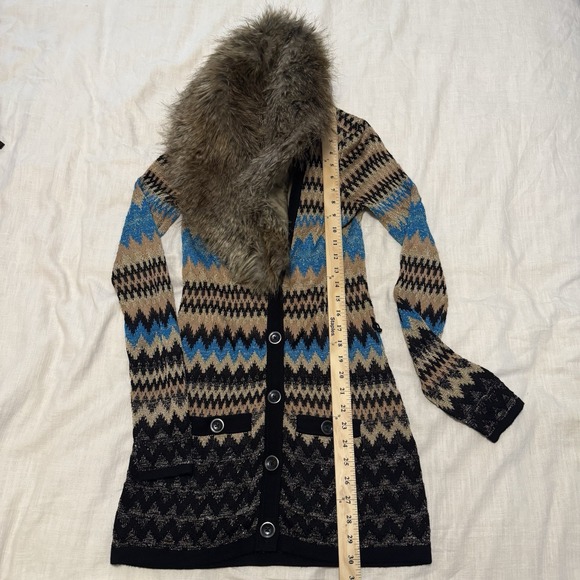 Cache VTG Womens Faux Fur Collar Chevron Cardigan XS Multicolor Glitter Y2K Glam - Picture 4 of 6